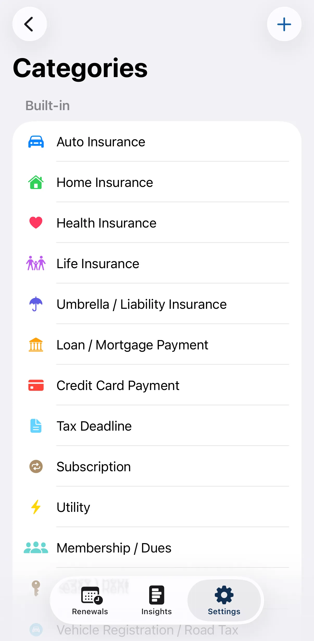 FinVault One Categories screen on iPhone, listing built-in categories such as Auto, Home, Health, Life, Umbrella/Liability insurance, Loan/Mortgage, Tax Deadline, and more.