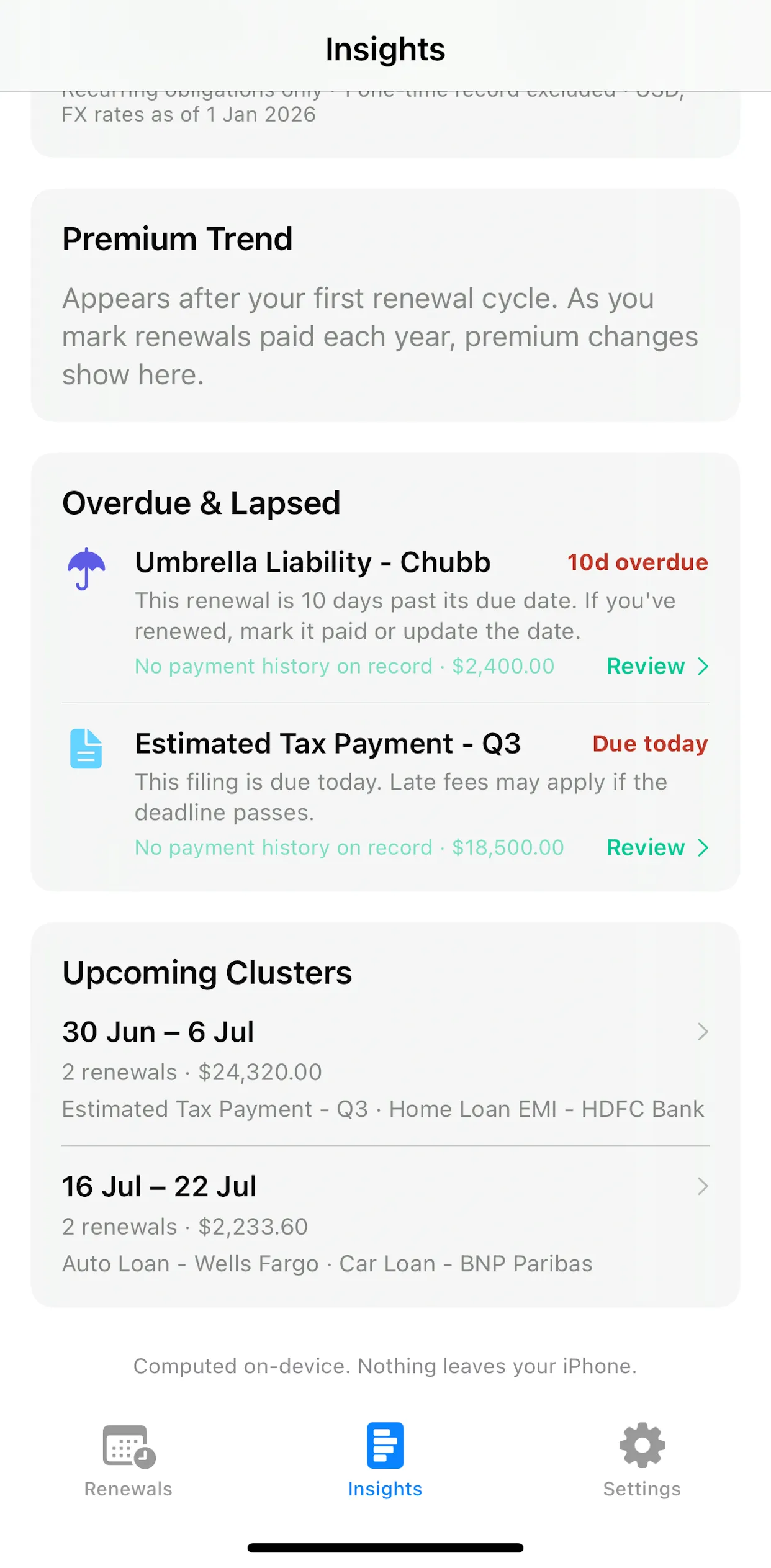 FinVault One Insights screen with an Overdue & Lapsed list — a Chubb umbrella liability policy 10 days overdue and a quarterly tax payment due today, each with a Review link — and Upcoming Clusters grouping renewals due in the same week with their combined totals.